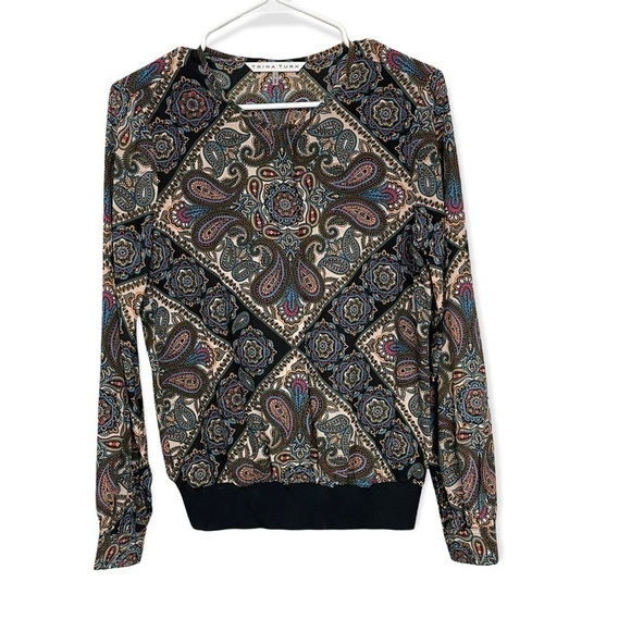 TRINA Turk 100% Silk Paisley Button Down Elastic Waist Long Sleeve Blouse, Small - Picture 1 of 8